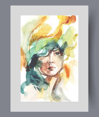 Duvar sanatında yüzünün etrafında parlak boya darbeleri olan kadın ya da kadın portresi. Suluboya sanat eseri. Erkekleri etkilemek için zarafet ve cazibe sergileyen bir kadın, afiş için dekoru olan bir çerçeve.