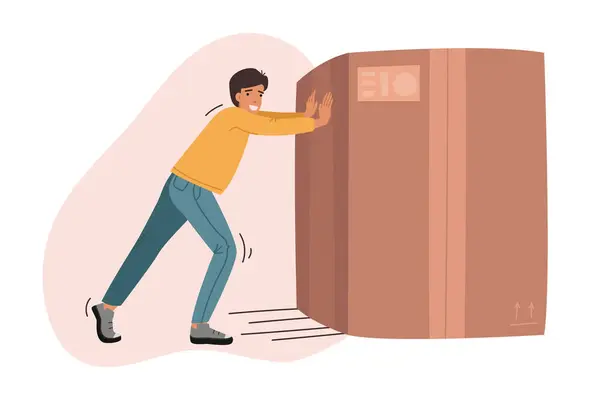 Adam yeni daireye taşınırken ya da sipariş verirken ağır kutuları itiyor ve gülümsüyor. Karton kutulu sıradan bir adam ya da kurye servisinden bir paket, yükleyicilerin ve teslimatçıların yardımına ihtiyacı var.