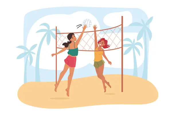 Kadınlar plaj voleybolu oynar, top oynamak için zıplar ve sıcak adada yaz tatilinin tadını çıkarırlar. Kızlar tatillerini tatil köylerinde ve plaj voleybolunda aktif ve sağlıklı yaşam tarzlarıyla geçirirler.