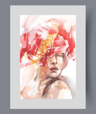 Kafasında çiçek olan güzel bir kadın tutkulu bir şekilde posterdeki gözleri kapatıyor. Suluboya sanat eseri. Çekici kadın portresi olan duvar sanatı soyut tarzda, dekoru basılı.