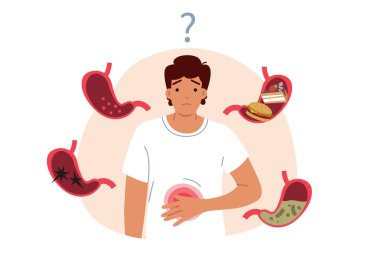 Midenin yanında duran adamda sindirim sorunları bilinmeyen nedenlerden kaynaklanır. Kafasında soru işareti olan adam sağlıklı sindirimi geri getirmeyi ve mide iltihabından ya da mide yanmasından kurtulmayı düşünüyor.