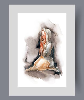 Kafasında peçesi olan kadın Tanrı 'ya dua ediyor, karanlıkta baskı altında diz çöküyor. Suluboya poster. Hıristiyan bir kızla sanat eseri. Avuç içleri göğsün önünde katlanmış, çerçeve içinde duvar sanatı için dekorla dua ediyor.