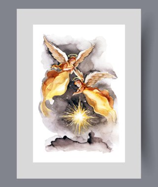 Melekler gece gökyüzünde yıldızın etrafında uçarak duvar sanatındaki mucizeyi sembolize ederler. Suluboya sanat eseri. İnsanların güvenliğiyle ilgilenen iki koruyucu meleğin afiş süslemesi çerçevesinde yazdır..