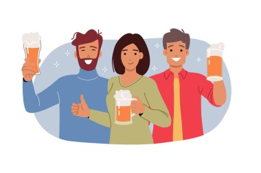 Bardan ya da gece kulübünden alınmış köpüklü bira bardakları tutan pozitif insanlar için bira partisi. Neşeli arkadaşlar başparmaklarını kaldırıyor, bira restoranında tanışma ve dinlenme fırsatına seviniyorlar.