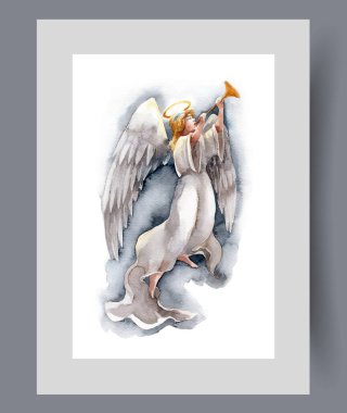 Arkası kanatlı melek akşam gökyüzünde uçar ve basılı trompet çalar. Suluboya poster. Rüzgar müzik enstrümanı çalan yetişkin bir melekle sanat eseri. Duvar sanatı için dekorla çerçevelenmiş.