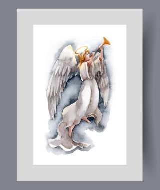 Angel with wings behind back flies in evening sky and plays trumpet on print. Watercolor poster. Artwork with adult angel playing wind musical instrument, in frame with decor for wall art clipart