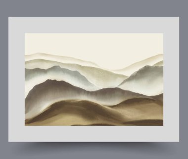 Ulusal doğal parktaki bulutsuz gökyüzünün altındaki dağların ve tepelerin suluboya manzarası. Sıcak ve kurak iklimi olan bölgede geniş bir çölden gelen kum tepecikleriyle sakin bir manzara. Duvar sanatı, baskı