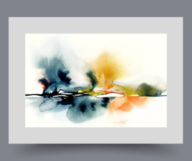 Ufukta parlayan parlak ışıkların olduğu soyut manzara önplanda deniz veya göle yansıyor. Günbatımı ve sonbahar mevsiminde deniz kıyıları ve zengin renkleri olan yaratıcı bir manzara. Duvar sanatı, dekor