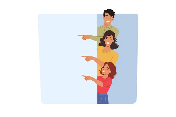 Mutlu bir aile beyaz bayrak gösteriyor ve ticari tekliflere parmağıyla işaret ediyor. Pazarlama kampanyası için reklam hesabı olan ve müşteri çeken pozitif aileden duyuru