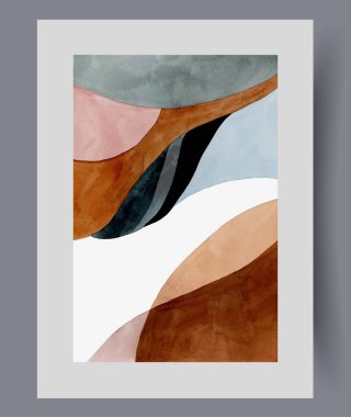 Asimetrik dizilimde çok renkli elementlere sahip sanatsal poster, kargaşa ve düzensizliği simgeliyor. Suluboya boyalardan yapılmış minimalist soyut tasarımı olan Retro stili sanatsal afiş