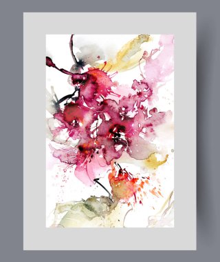 Kırmızı çiçekli ve taç yaprakları yerine suluboya resimli soyut botanik posteri. Çevre ve çiçekçilik temalı sanat sergisi için çevresel unsurlara sahip botanik resim