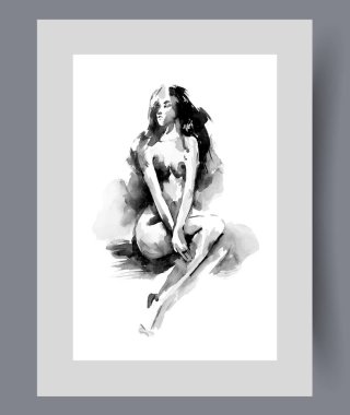 Çıplak göğüslü çıplak bir kadın gözlerini kapatır ve duvar sanatına sırtını döner. Suluboya sanat eseri. Romantik ilişkileri yansıtan gizemli, çıplak bir kadın ve poster için dekorasyonlu bir resim.
