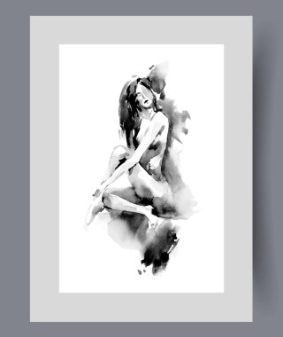 Çıplak kadın araba modeli, duvar resimlerinin koyu renkleri arasında yerde oturuyor. Suluboya sanat eseri. Çıplak vücutlu erotik bir kızın baskısı. Stres ve endişe. Poster dekoru çerçevesinde.
