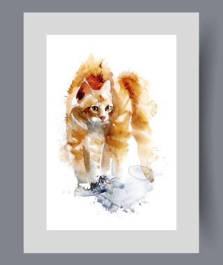 Kızgın kedi, tetikte olma ya da duvar sanatında korku belirtisi olarak sırtını kaldırıyor. Suluboya baskısı. Paniğe kapılmış kızıl kediyle sanat eserleri. Tanıdık olmayan kedi yavrularına bakıyorlar. Poster dekoruyla birlikte.