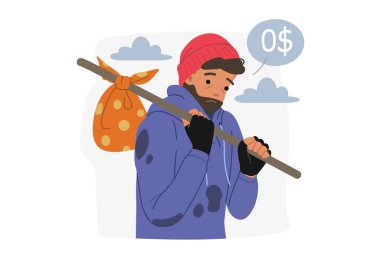 Poor man wanders around world and thinks about absence of money in account, is need of help from charitable companies. Poor man experiences mental anguish due to lack of home, lost after bankruptcy. clipart