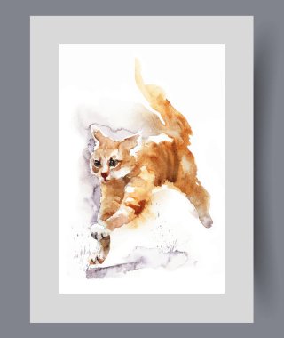 Kızıl kedi yerde koşar, oyuncak kovalar ya da duvar sanatındaki köpekten kaçar. Suluboya baskısı. Zencefilli kedi ya da kedi yavrusuyla sanat eseri. Eğleniyor ve hareketli. Poster dekoruyla birlikte.