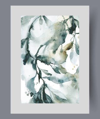 Yeşil bitkilerin dalları duvar sanatındaki ekolojik saflığı ve doğanın biyolojik çeşitliliğini sembolize eder. Suluboya baskısı. Poster dekoru ile çerçevelenmiş bitki, ağaç ve çalılarla dolu sanat eserleri