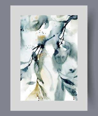Bahar çalı ya da botanik parkındaki ağaç dalları duvar sanatına yakın plan. Suluboya baskısı. Doğa ve orman gelişimini sembolize eden bitki ya da çalılarla yapılan sanat eserleri, poster dekoruyla birlikte