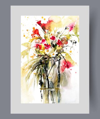 Bahar kokulu çiçekler ve cam vazodaki bitkiler duvar sanatında suyla dolu. Suluboya sanat eseri. Çiçek ve çiçek buketi ile romantik hediye yazdır, poster dekoruyla çerçevelet
