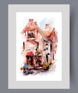 Dar şehir sokaklarında Avrupa tarzında basılı kırmızı tuğla bina. Suluboya poster. Zemin katlarda kafeleri ve dükkanları olan, duvar resimleri için dekorları olan şehir binalarıyla sanat eserleri.