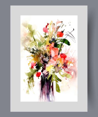 İç dekorasyon vazosunda buket çiçekleri ve posterde aromayla dolu bir ev. Suluboya sanat eseri. Yaz tarlasında toplanan bir buket taze çiçekli duvar sanatı, baskı için dekorla çerçevelenmiş.