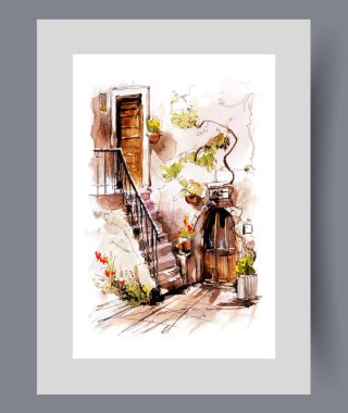 Merdivenlerin üstündeki kapı ve posterdeki duvarlar boyunca dokuduğu çiçeklerle ön cephe binası. Suluboya sanat eseri. Dış kaplamalı duvar sanatı Avrupa mimari tarzında, dekoru basılı.