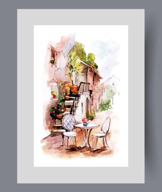 Duvarda basamakları olan sokak kahvecisi olan Avrupa mimarisi. Suluboya sanat eseri. Şehir mimarisi ve bitkilerle dekore edilmiş binalarla, poster için dekorasyonla yazdır