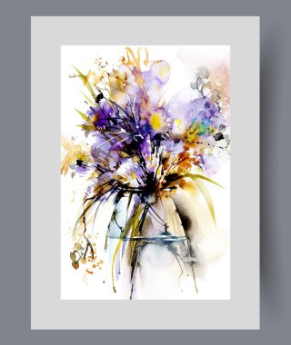 Posterde suyla dolu vazonun içindeki taze kokulu çiçekler. Suluboya sanat eseri. Tarlada ve kır çiçeklerinde toplanmış güzel bir buket çiçekli duvar sanatı, baskı için dekorla çerçevelenmiş.