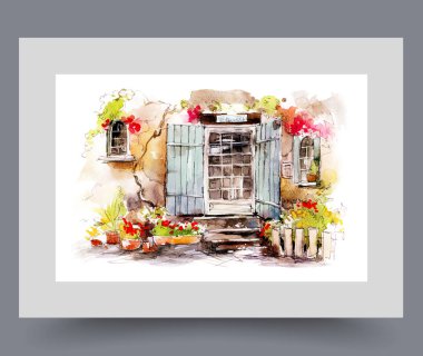 Güzel, eski bir bina, açık kapılar ve duvar sanatının ön cephesinde örülmüş bitkiler. Suluboya sanat eseri. Avrupa şehrinin mimarisi ile güzel bir bina, poster için dekorasyonlu bir çerçeve yazdır