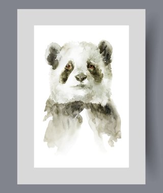 Baskıda siyah beyaz vücut boyalı panda ya da bambu ayısı. Suluboya poster. Çin zoolojik rezervlerinden, ender hayvanlarla duvar sanatı için dekorla çerçevelenmiş pandalarla yapılan sanat eserleri.