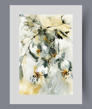 Küçük meyveli ağaç dalları doğurganlığı ve basılı bitkiyi sembolize eder. Suluboya poster. Açık yaz havasında ağaçta organik meyvelerle sanat eserleri, duvar sanatı için dekorla çerçevelenmiş.