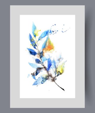 Renkli yaprakları ve duvar resimlerinde soyut renkleri olan bir sonbahar bitkisi. Suluboya sanat eseri. Doğa ve çevrenin konsept önemi için gökkuşağı bitkisine sahip poster, baskı için dekor ile çerçevede