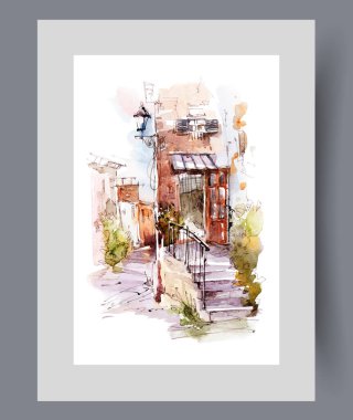 Avrupa sokaklarındaki alçak katlı konut binasının verandası duvar sanatında. Suluboya sanat eseri. Dar yolların yakınındaki eve girişi olan poster, parmak izi için dekorlu çerçeve