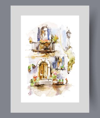 İki katlı küçük balkonlu, duvar resimli bir bina. Suluboya sanat eseri. Binanın dış ve dış dekorasyon cephesi olan, poster dekorasyonuyla birlikte yazdır