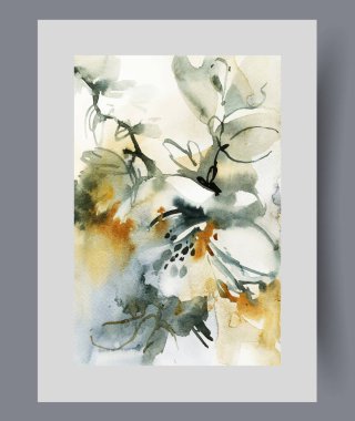 Çiçekli sanat eserleri otlar ve bahar çiçekleri soyut bir şekilde düzenlenir. Çiçekçilik, çiçekçilik ve bahçıvanlıkla ilgili kitap tasarımı için güzel çiçeklerle suluboya posteri