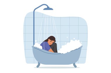 Giyinik bir kadın, erkek arkadaşından ayrıldıktan sonra stresli ve ilgisiz bir şekilde küvette oturur. Bunalımdaki kızın melankoliyi tedavi etmek için psikolog ve psikoterapistin yardımına ihtiyacı var.