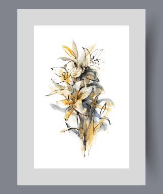 Çiçek buketi, çiçek açan tomurcuklu nilüferler, hoş bir koku yayıyor. Modern minimalist tarzda hediye kartı yapmak için çiçekli suluboya resimler. Duvar sanatı, dekor