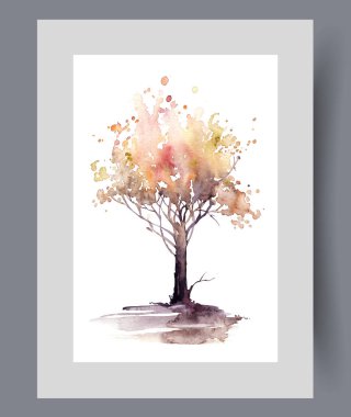 Sarı yapraklı sonbahar ağacı Eylül ayında duvar sanatında parkın içinde yetişir. Suluboya sanat eseri. Yazın sonunu sembolize eden altın tacı olan yalnız sonbahar ağacıyla yazdır.