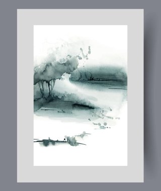 Nehrin ortasında küçük bir ada ve monokrom posterinde yalnız bir ağaç olan doğal manzara. Göl manzarası ve bulutlu hava durumu esrarengiz manzaralı yürüyüşler hakkında edebiyat eserleri için.