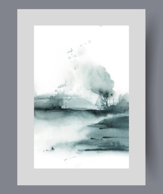 Önünde çorak arazi ya da nehir olan sonbahar bulutlu manzarası ve uzakta büyüyen bir ağaç. Vahşi yaşam ve ekosistem temalı sanat galerisi için göllü kasvetli suluboya manzara