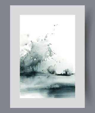 Bulutlu hava ve kasırganın gelişinden sonra nehir ve ağaçların kıyıda büyüdüğü kasvetli bir manzara. Dairenin içini dekore etmek için tek renkli suluboyalardan yapılmış göl manzarası. Poster, yazdırma