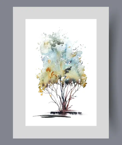 Duvar sanatında ince saplı, gür taç takan parlak bir sonbahar ağacı. Suluboya sanat eseri. Sonbahardan önce yeşillik değiştiren güzel ağaçlı yazdırma, poster için dekor ile çerçevede