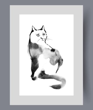 Hüzünlü gözleri olan tüylü kedi oturur ve duvar sanatına yan gözle bakar. Suluboya sanat eseri. İnsan şefkatine ve nazik koruyucuya ihtiyacı olan kedi ya da kedi yavrusu posterin dekoruyla çerçevelenmiş.