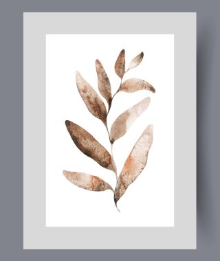 Posterdeki ekoloji teması üzerine iç tasarım için dikdörtgen yapraklı ağaç dalı ya da çalılar. Suluboya sanat eseri. Doğa ve faunayı sembolize eden duvar sanatı, basım için dekorla çerçevelenmiştir.