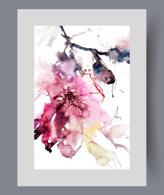 Bahar ağacının dalındaki çiçek tomurcukları ısındıktan sonra ve kış mevsiminin sonunda tomurcuklanır. Çiçek açan kiraz ya da sakura ağacının suluboya resimleri. Meyve ortaya çıkmadan önce pembe çiçekli.