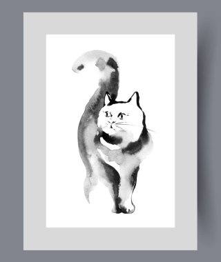 Kabarık tüylü kedi yavaşça kuyruğunu kaldırarak yürüyor, duvar sanatında kedi ya da kedi sahibi arıyor. Suluboya sanat eseri. Evsiz hayvanlar için barınaktaki kedi ya da kedi ile birlikte poster dekoruyla birlikte yazdırın