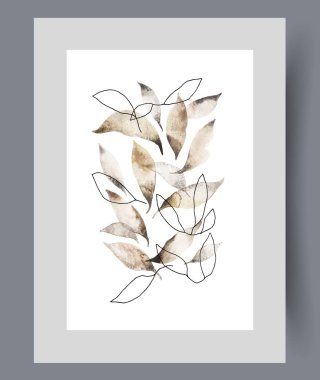 Sonbahar ağacı yaprakları ya da yapraklar yaprakların dökülme mevsiminde basılır. Suluboya poster. Kapalı alandaki bitki yaprakları ya da parkta büyüyen ağaç ile duvar sanatı için dekorlu çerçeve