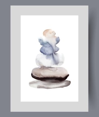 Stone pyramid made of pebbles of different sizes symbolizing calm and achieving harmony on print. Watercolor poster. Artwork with stone pyramid built on beach, in frame with decor for wall art clipart