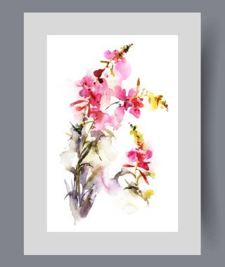 Pembe tomurcuklu ve uzun saplı bahar çiçekleri, güzel posterin üzerinde iyi bir ruh hali veriyor. Çiçekçi dükkanının içini süslemek ya da buket yapmak için kır çiçekleriyle suluboya yaratıcı işler.