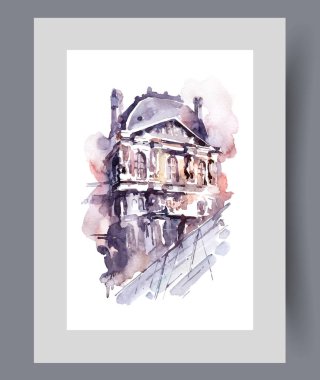 Paris 'te, posterinde cam piramit parçalarıyla lüks bir bina. Suluboya sanat eseri. Louvre ile duvar sanatı Fransa 'nın başkentinin gotik mimarisi, basım için dekorla çerçevelenmiş